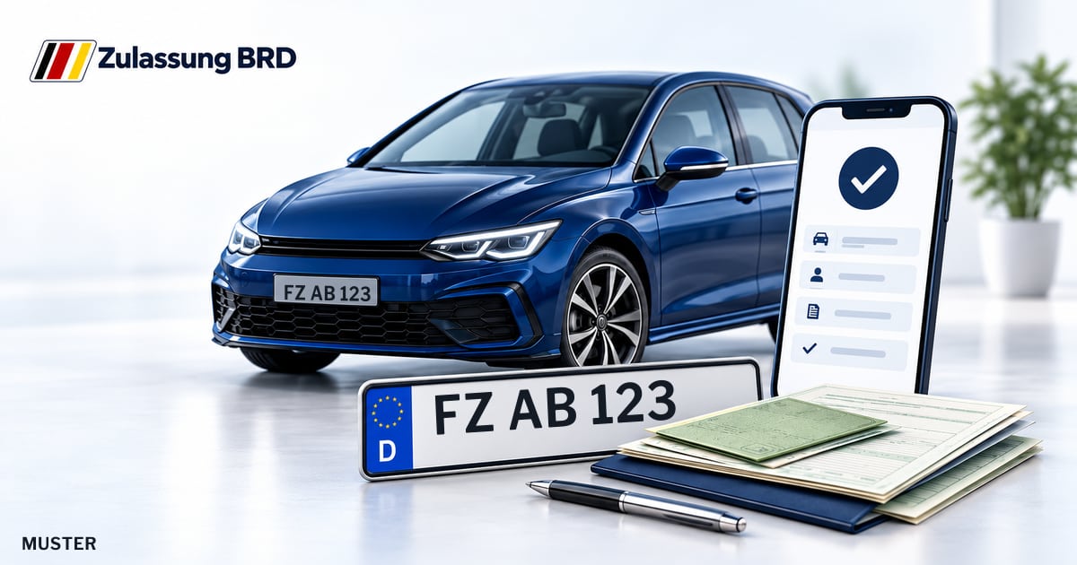 Online Fahrzeugzulassung in Edermünde: Musterkennzeichen FZ AB 123, Auto und Fahrzeugpapiere und Smartphone. Illustration mit Logo von Zulassung BRD.